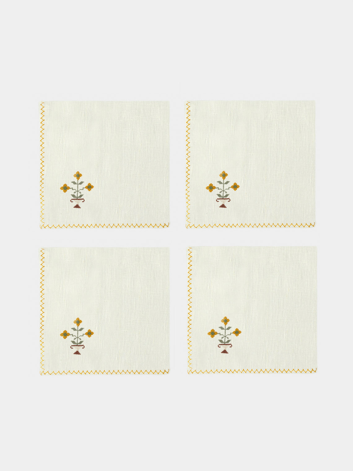 Anut Cairo - Bouquet Hand-Embroidered Linen Napkins (Set of 4) - Yellow - ABASK