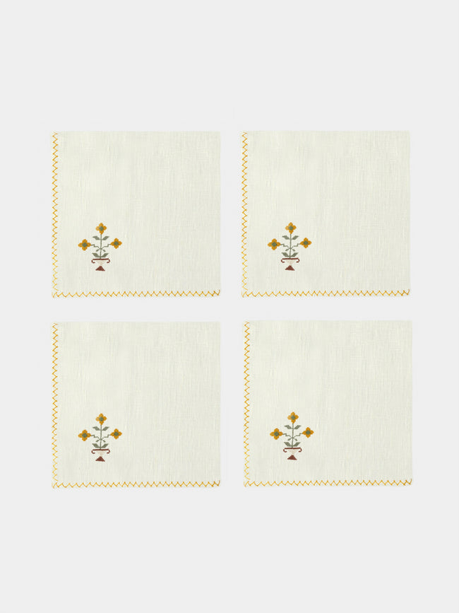 Anut Cairo - Bouquet Hand-Embroidered Linen Napkins (Set of 4) - Yellow - ABASK