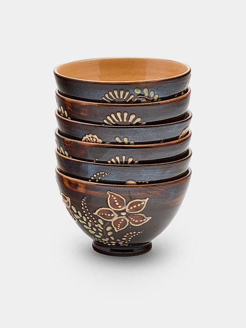 Poterie d’Évires - Flowers Hand-Painted Ceramic Petit Bowls (Set of 6) - Dark brown - ABASK - 