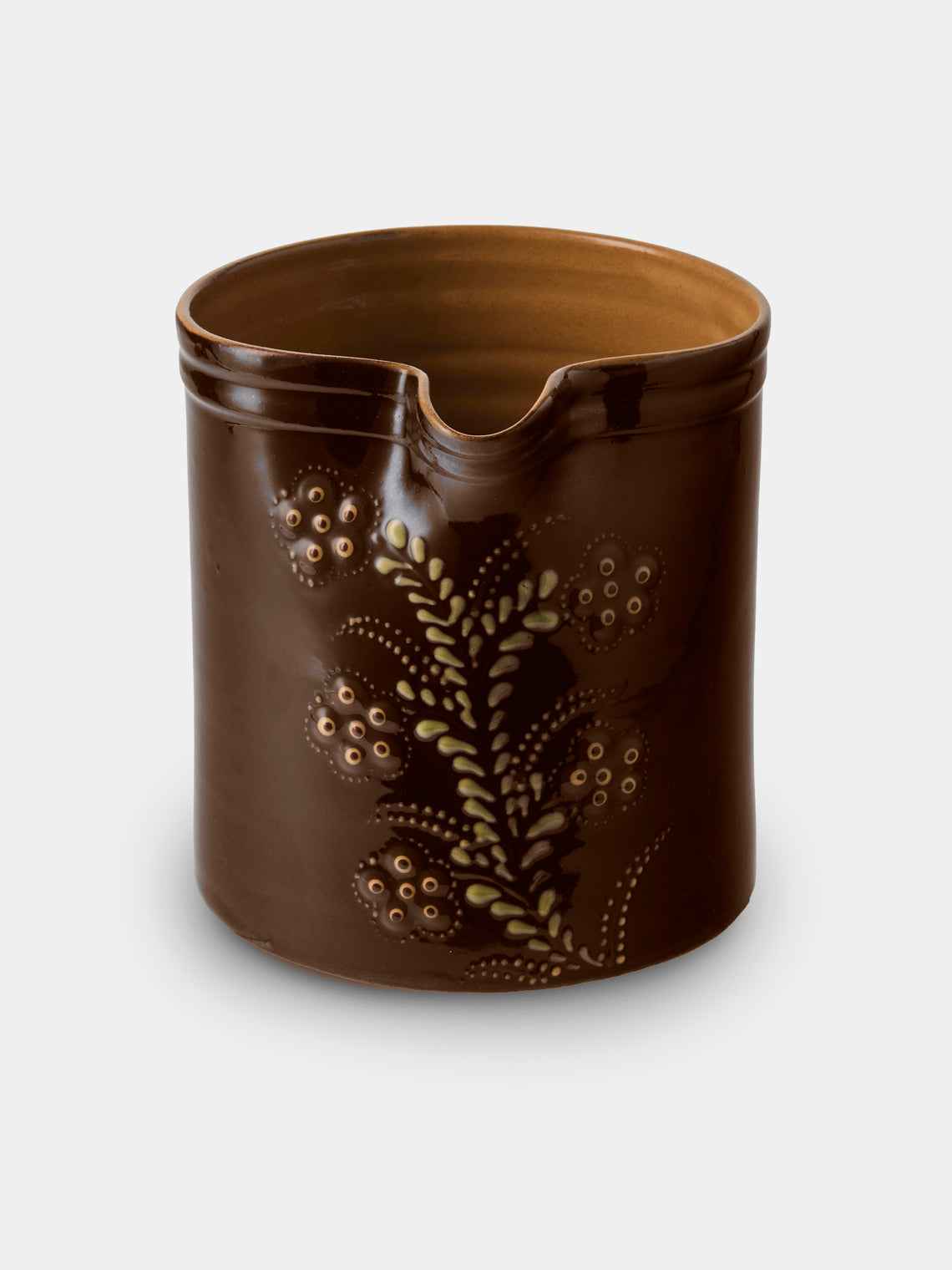 Poterie d’Évires - Flowers Hand-Painted Ceramic Straight-Edge Medium Jug - Dark Brown - ABASK
