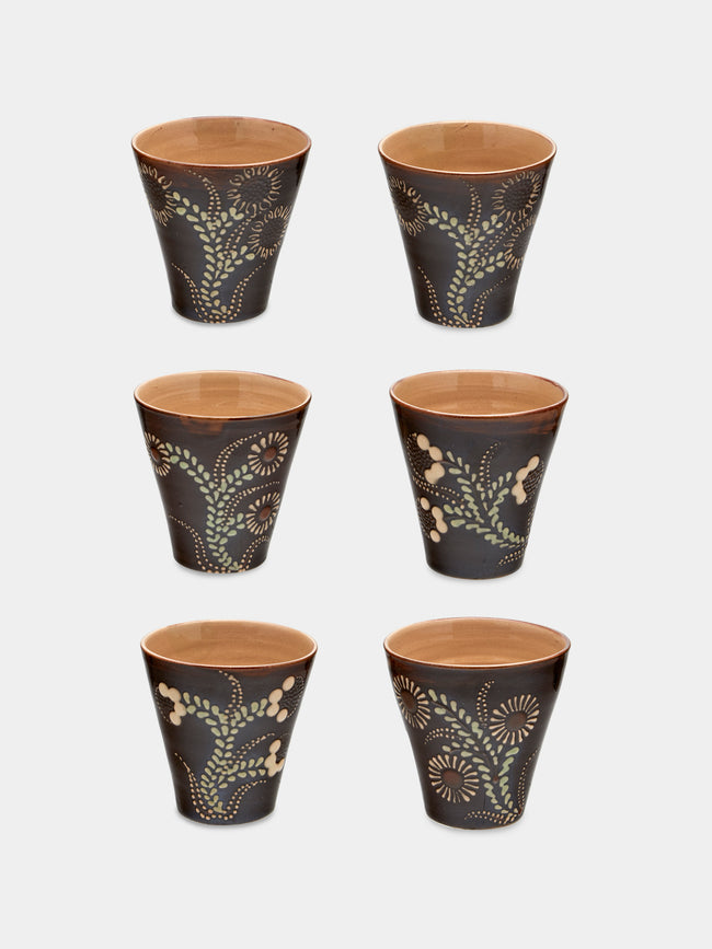 Poterie d’Évires - Flowers Hand-Painted Ceramic Coffee Cups (Set of 6) - Dark brown - ABASK - 