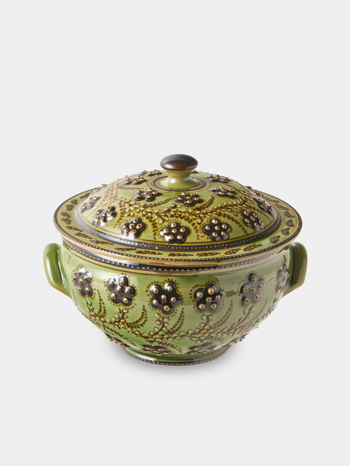 Poterie d’Évires - Flowers Hand-Painted Ceramic Small Lidded Vegetable Dish - Green - ABASK - 