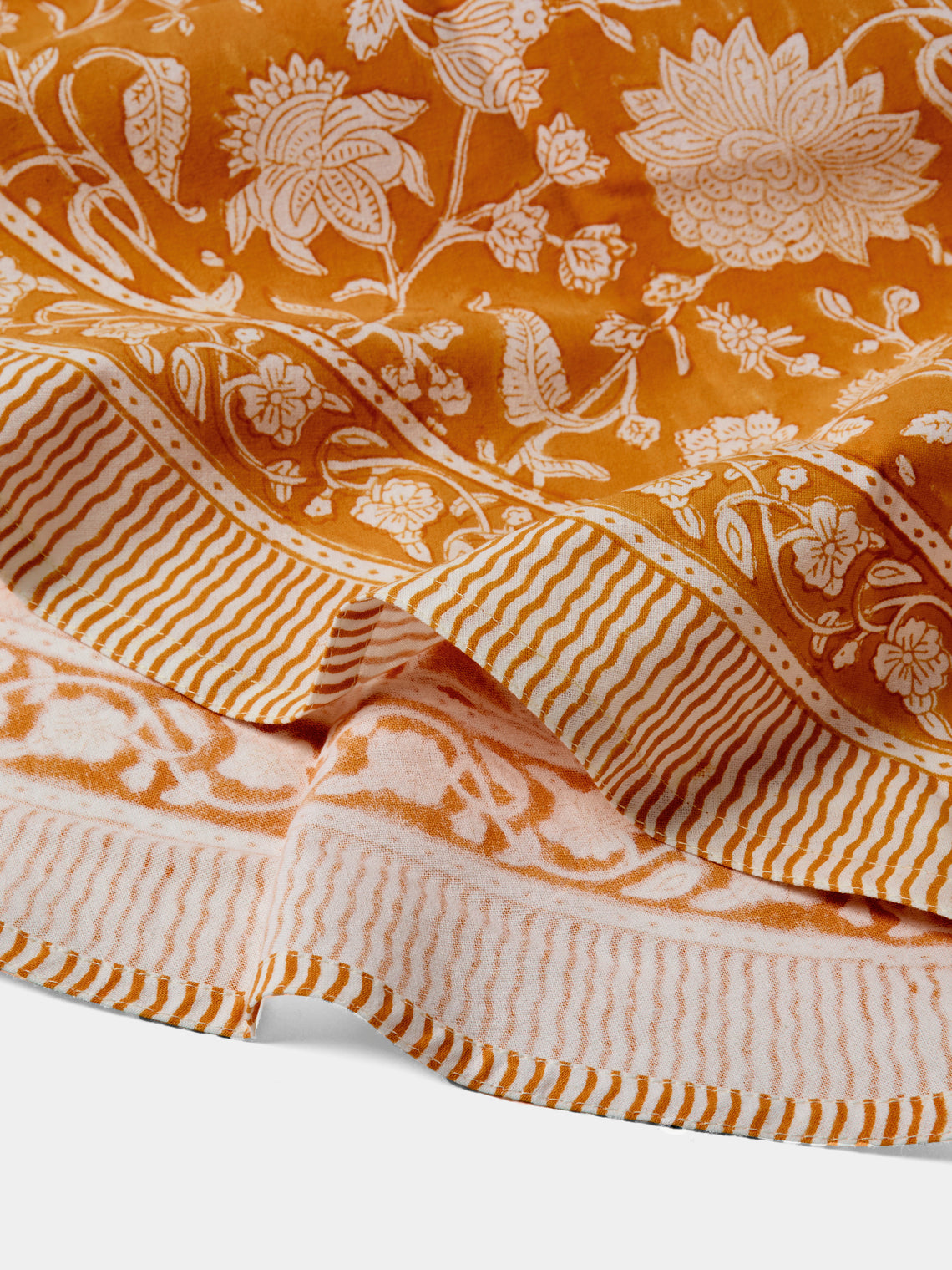 Chamois - Indian Rose Block-Printed Cotton Round Tablecloth (63in/1.6m) - Orange - ABASK