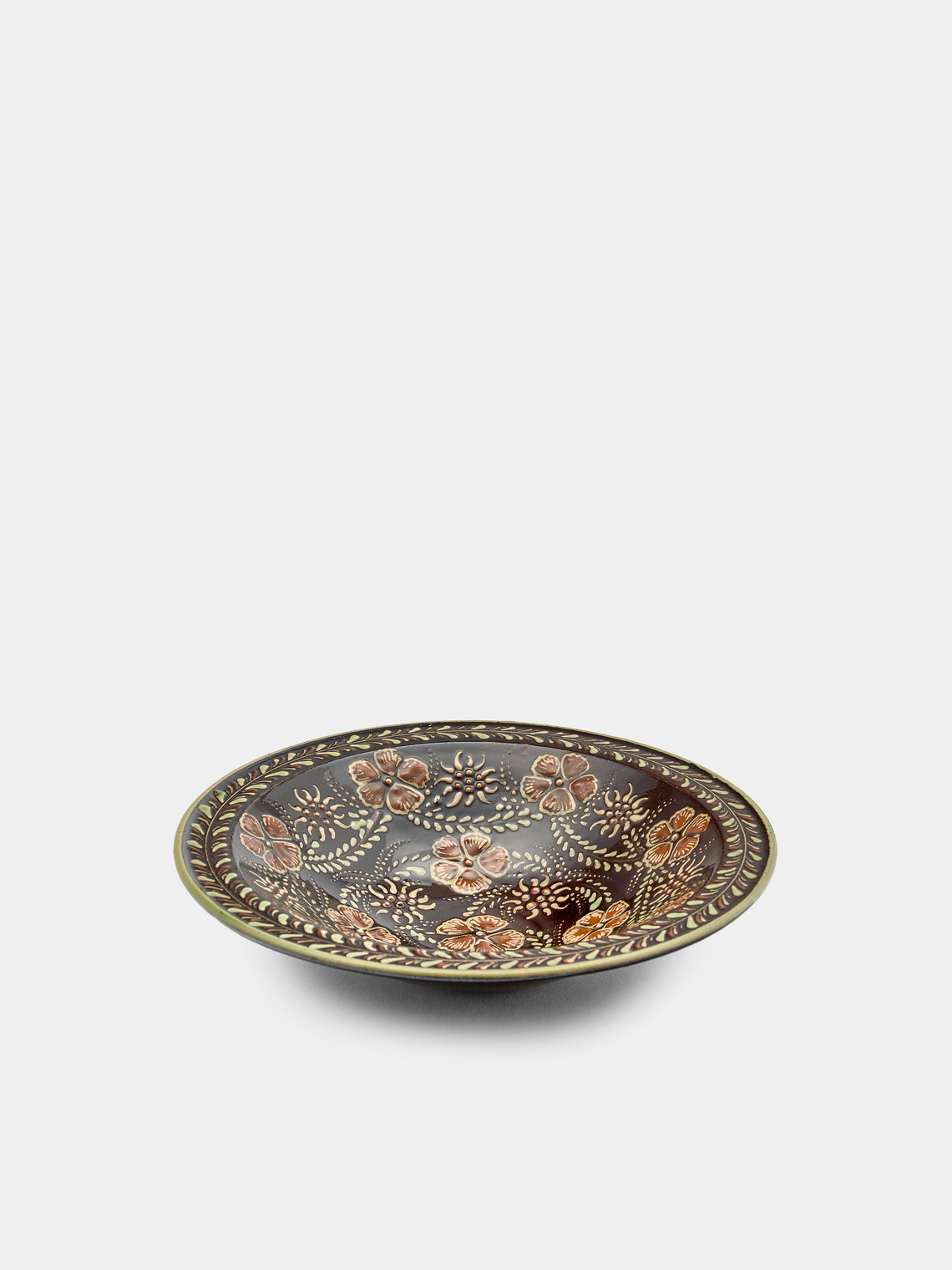 Poterie d’Évires - Flowers Hand-Painted Ceramic Small Serving Bowl - Dark brown - ABASK