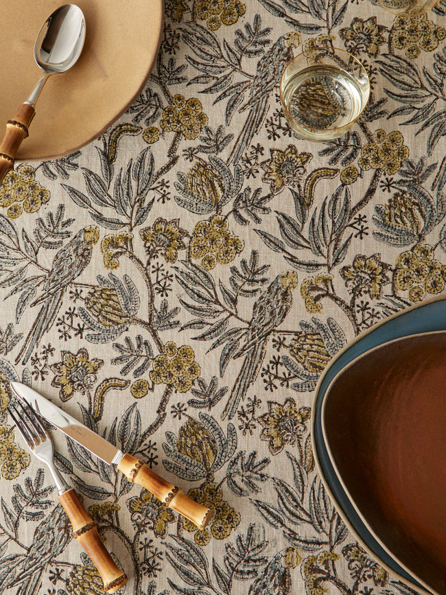 Chamois - Parrots Block Printed Linen Tablecloth (138in/3.5m) - Natural - ABASK