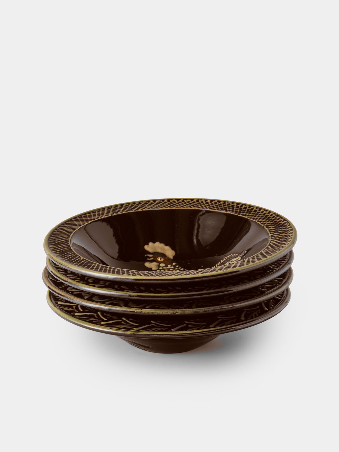 Poterie d’Évires - Animals Hand-Painted Ceramic Breakfast Bowls (Set of 4) - Dark Brown - ABASK