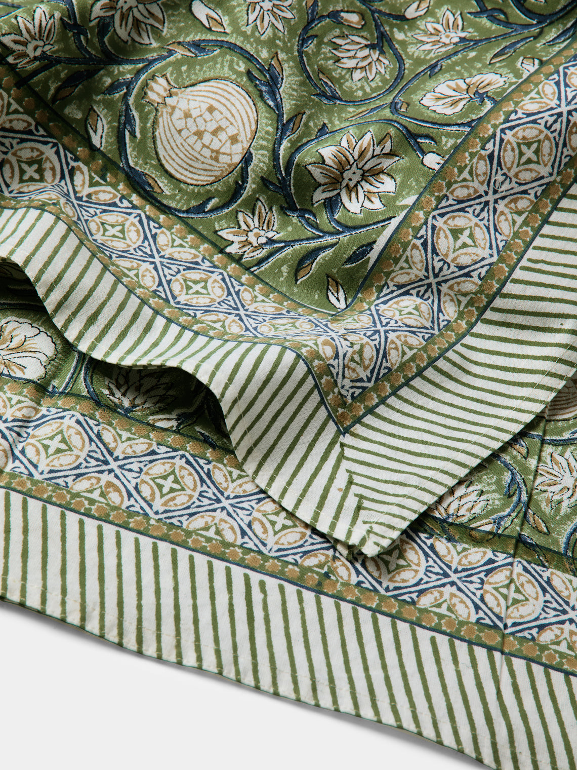 Chamois - Tangier Pomegranate Block-Printed Cotton Rectangular Tablecloth - Green - ABASK