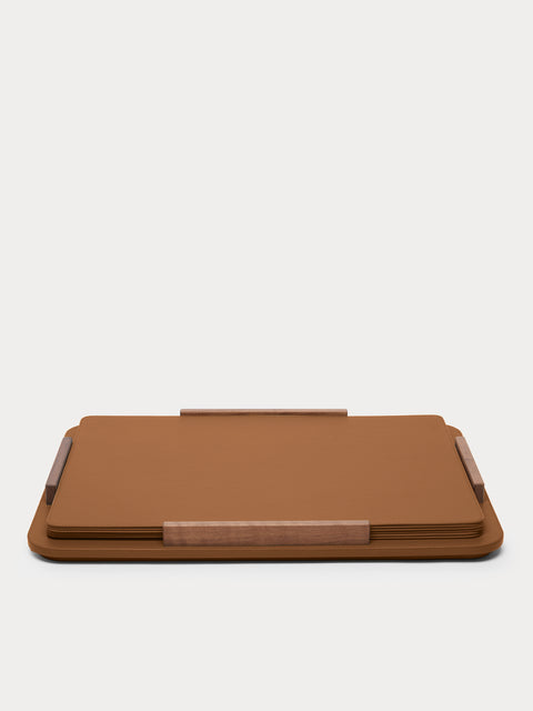 Giobagnara x Poltrona Frau - Leather and Walnut Placemats with Holder (Set of 6) - Tan - ABASK - 