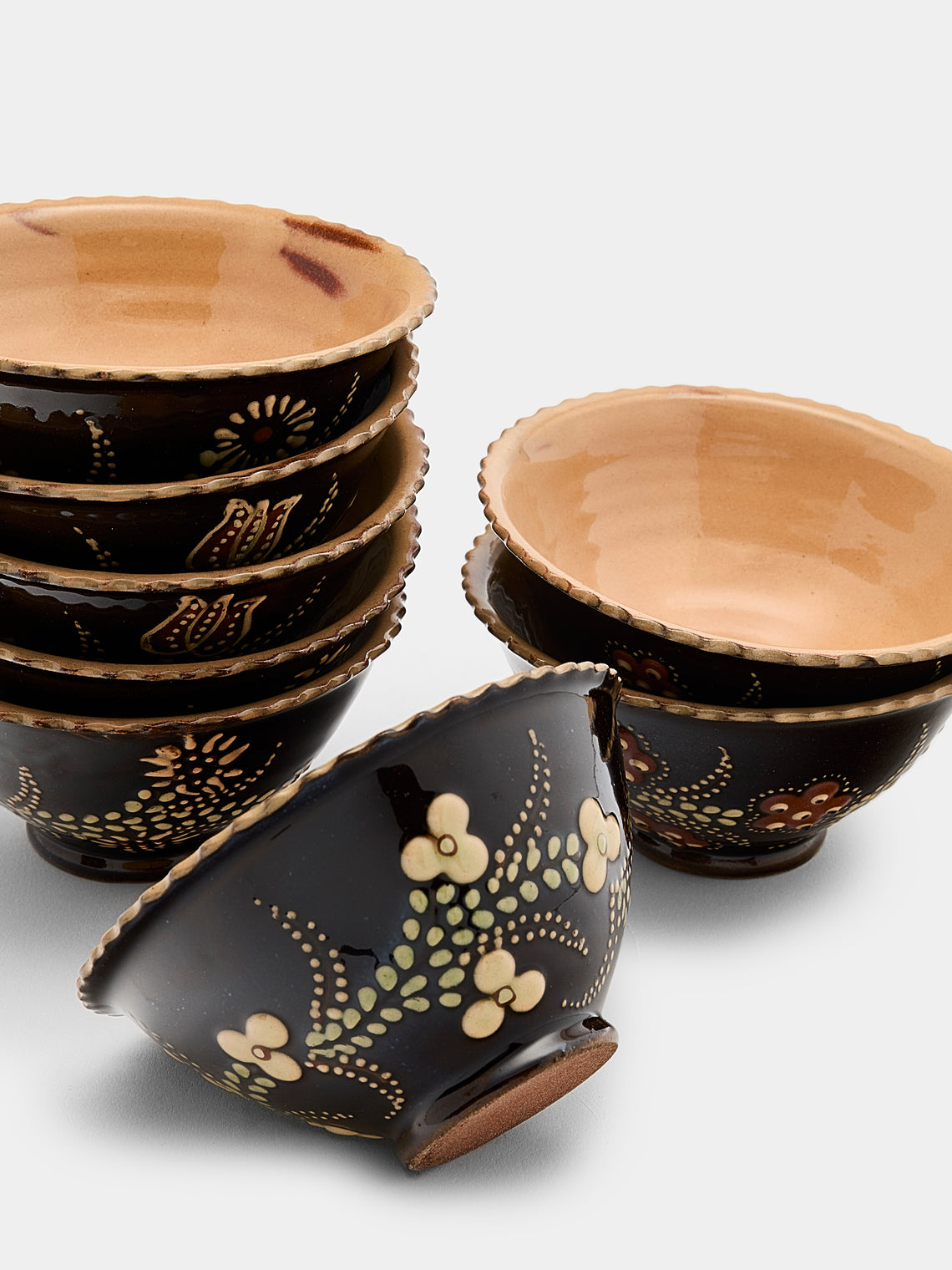 Poterie d’Évires - Flowers Hand-Painted Ceramic Small Fluted Bowls (Set of 8) - Dark brown - ABASK