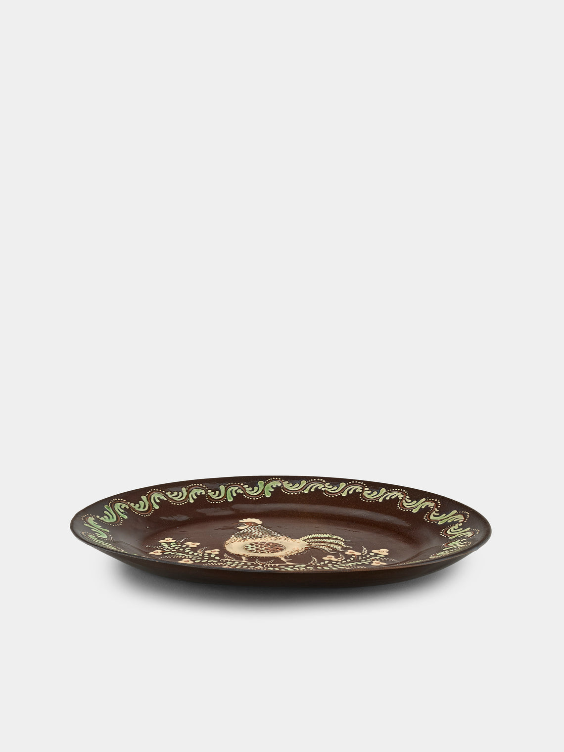 Poterie d’Évires - Chickens Hand-Painted Ceramic Oval Platter - Dark brown - ABASK