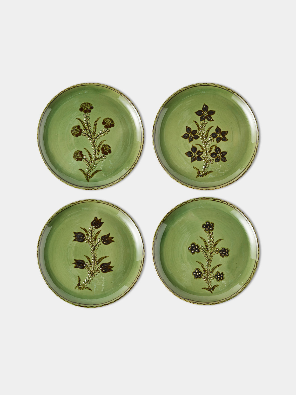Poterie d’Évires - Flowers Hand-Painted Ceramic Dinner Plates – 9.5in/24cm (Set of 4) - Green - ABASK - 