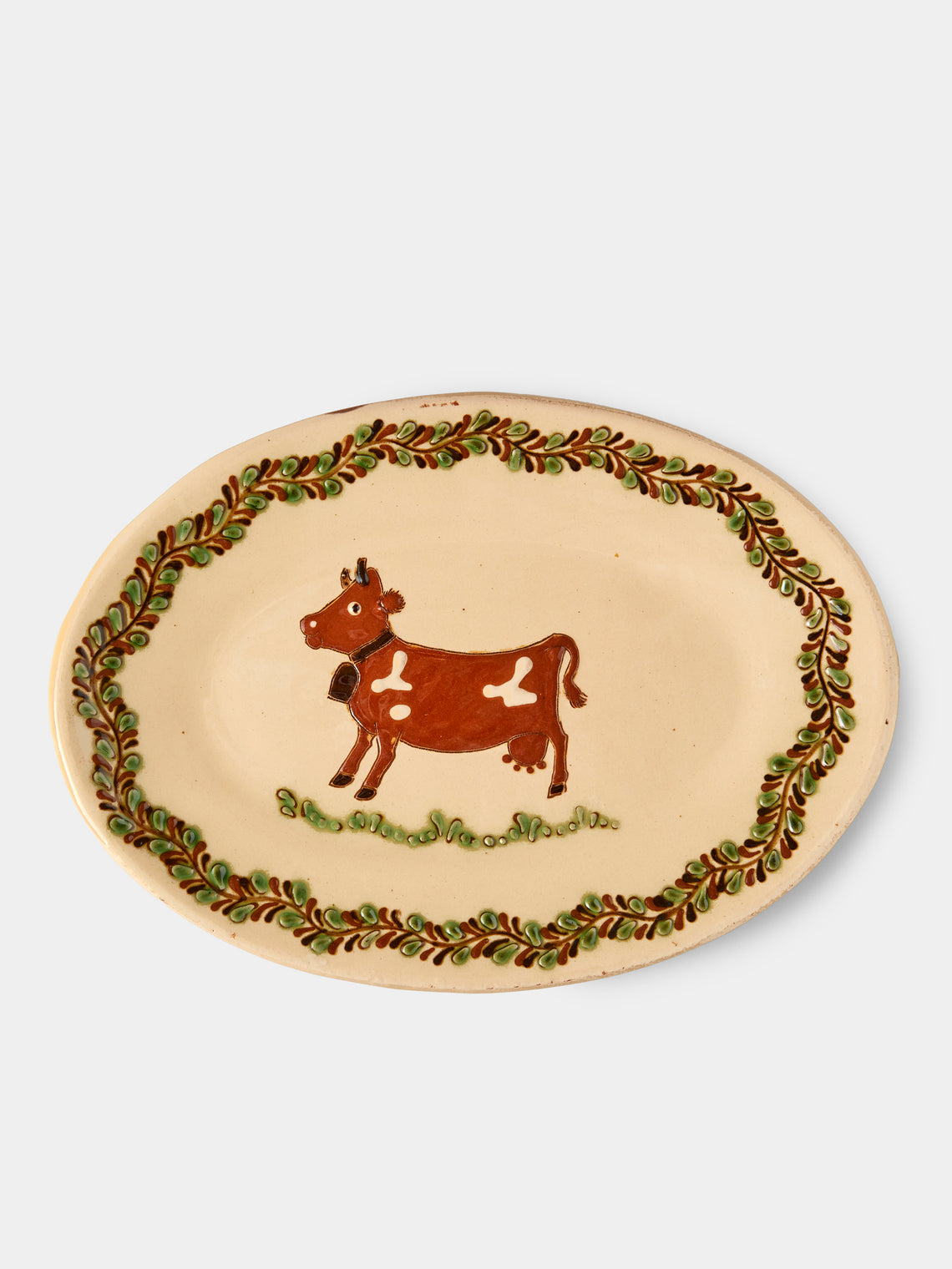 Poterie d’Évires - Cows Hand-Painted Ceramic Small Oval Platter - Cream - ABASK - 