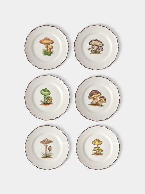 Este Ceramiche - Bristol Mushrooms Hand-Painted Ceramic Dinner Plates – 11in/27.5cm (Set of 6) - White - ABASK
