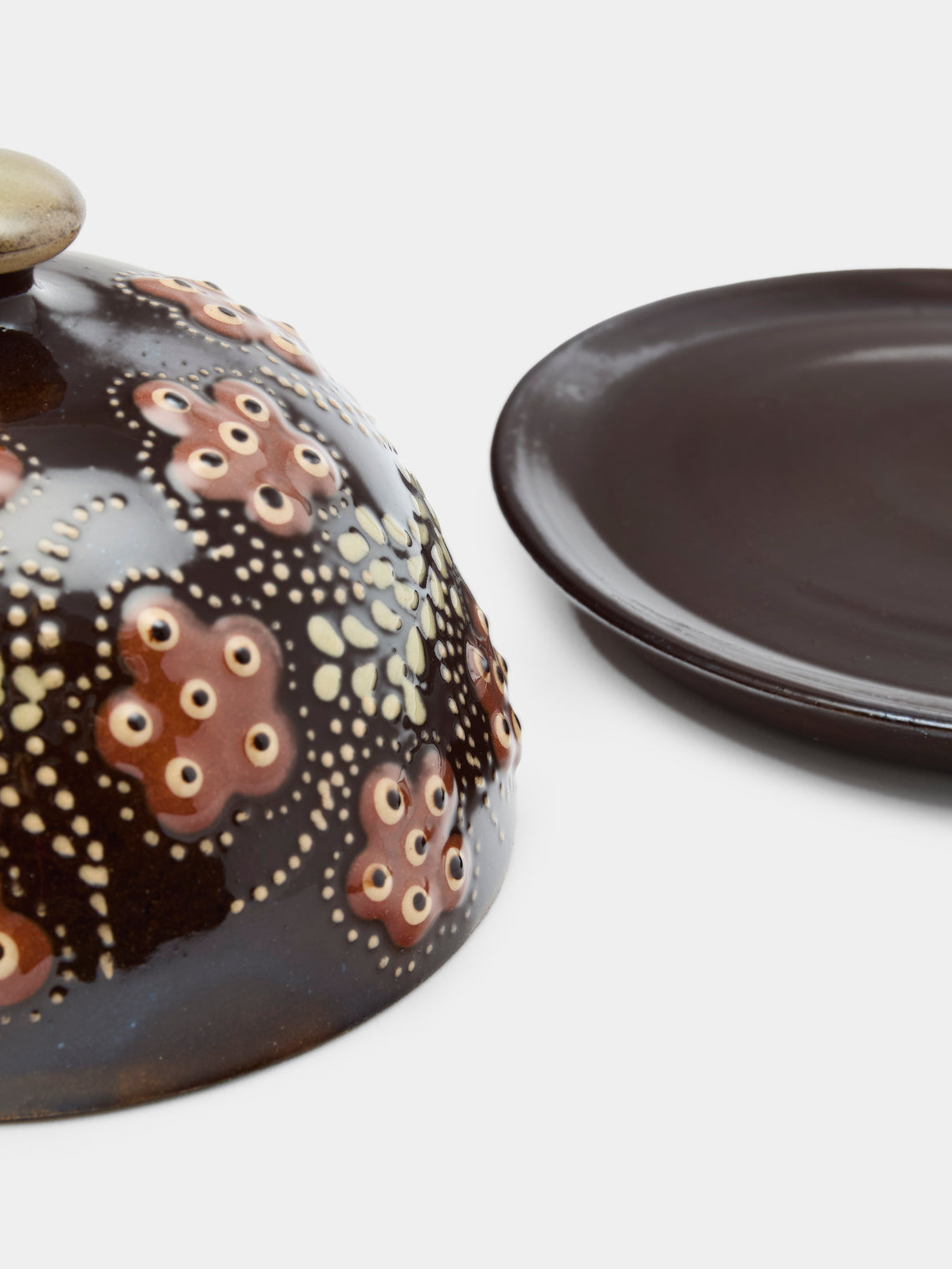 Poterie d’Évires - Flowers Hand-Painted Ceramic Small Butter Dish - Dark brown - ABASK