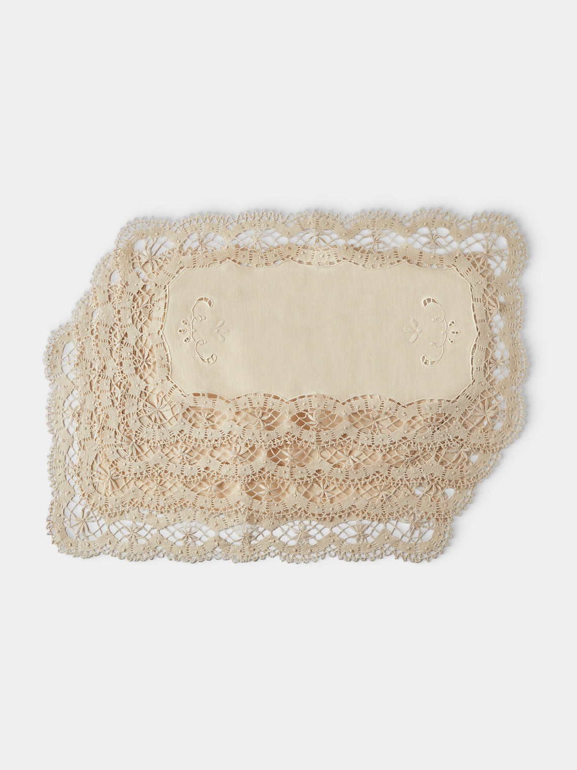 Rolane du Dreuih Creations - Lacework Linen Large Oblong Placemats (Set of 4) - Beige - ABASK