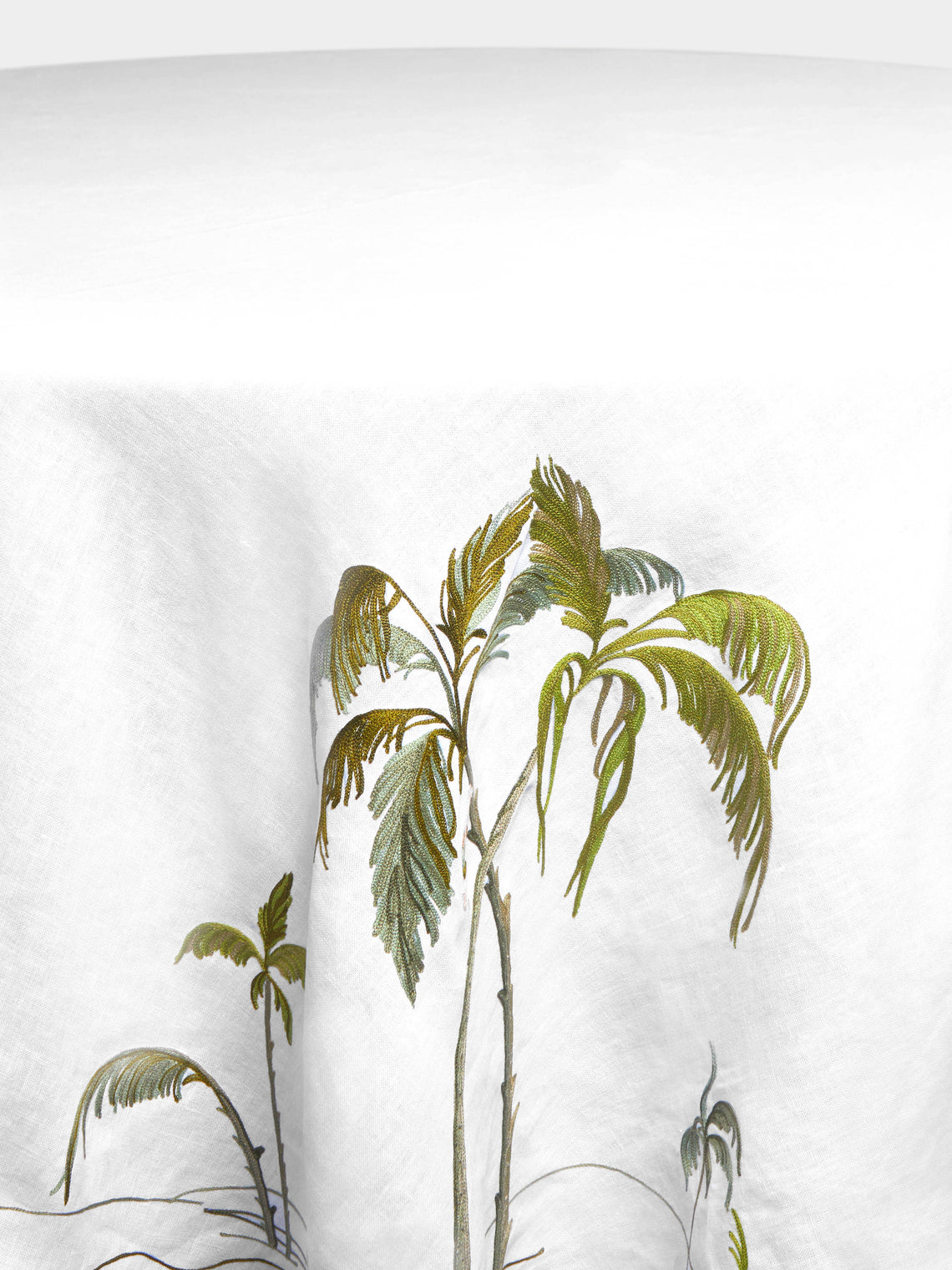 Loretta Caponi - Palm Tree Hand-Embroidered Linen Round Tablecloth -  - ABASK