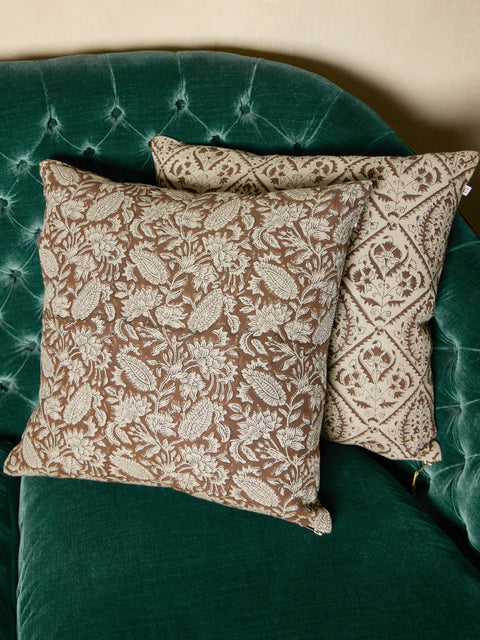 Chamois - Block-Printed Linen Cushions – 19.5in/50cm (Set of 2) - Brown - ABASK