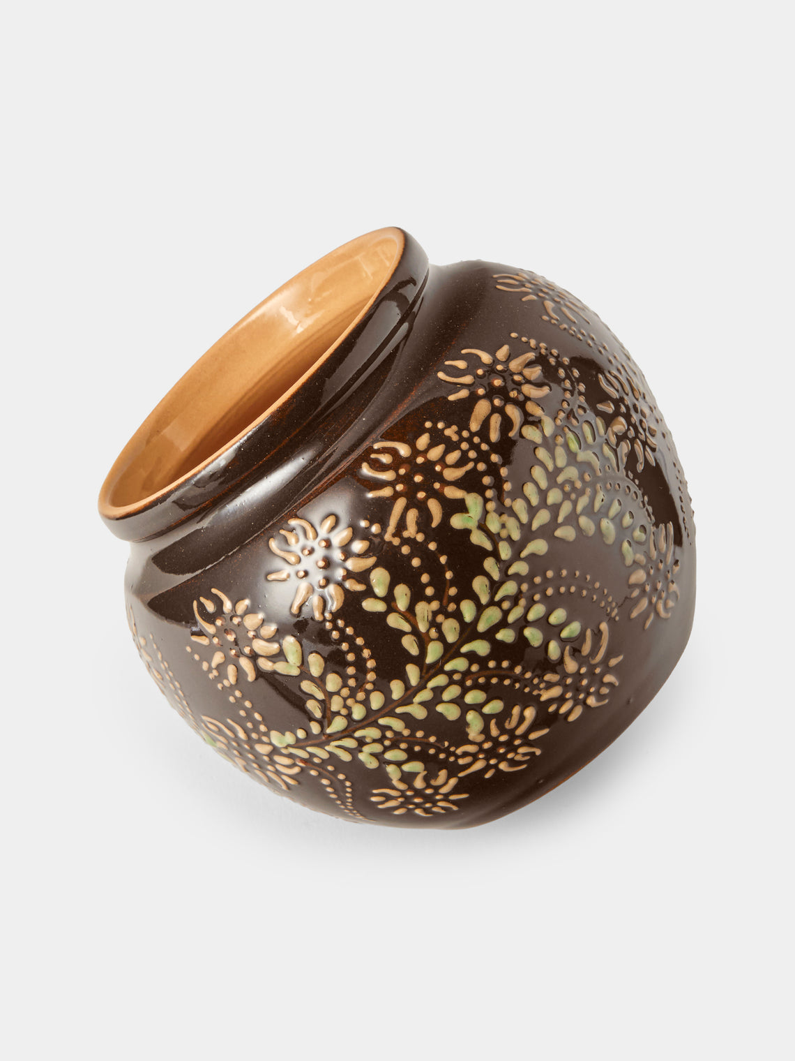 Poterie d’Évires - Flowers Hand-Painted Ceramic Vase (6.5in/17cm) - Dark Brown - ABASK