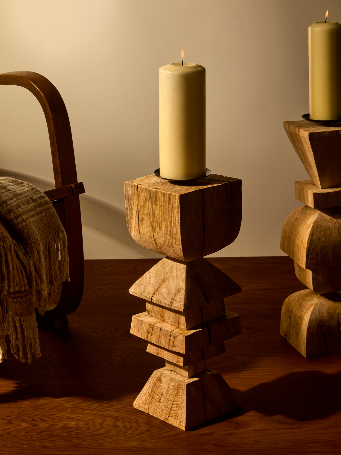 Jamie Gaunt Designs - Totem Hand-Carved Wood Candle Holder - Light Brown - ABASK