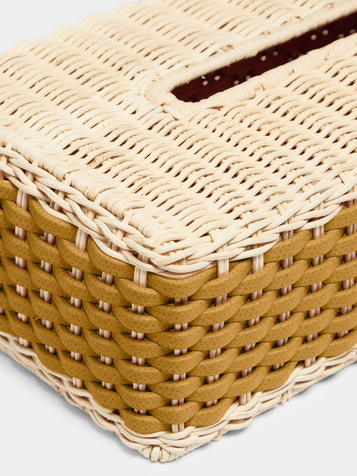 Giobagnara - Antibes Handwoven Leather and Rattan Tissue Box - Yellow - ABASK