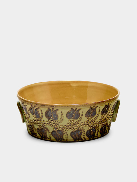 Poterie d’Évires - Flowers Hand-Painted Ceramic Small Handled Serving Bowl - Green - ABASK - 