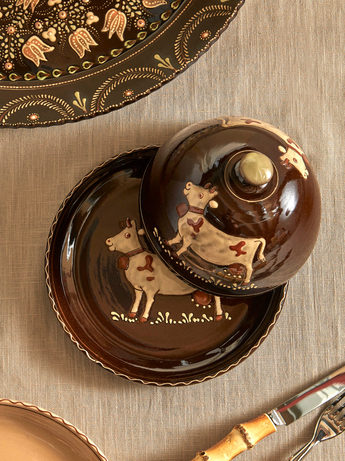 Poterie d’Évires - Cows Hand-Painted Ceramic Large Butter Dish - Dark brown - ABASK