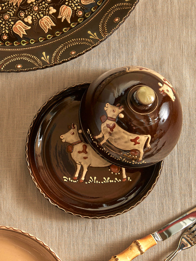 Poterie d’Évires - Cows Hand-Painted Ceramic Large Butter Dish - Dark brown - ABASK