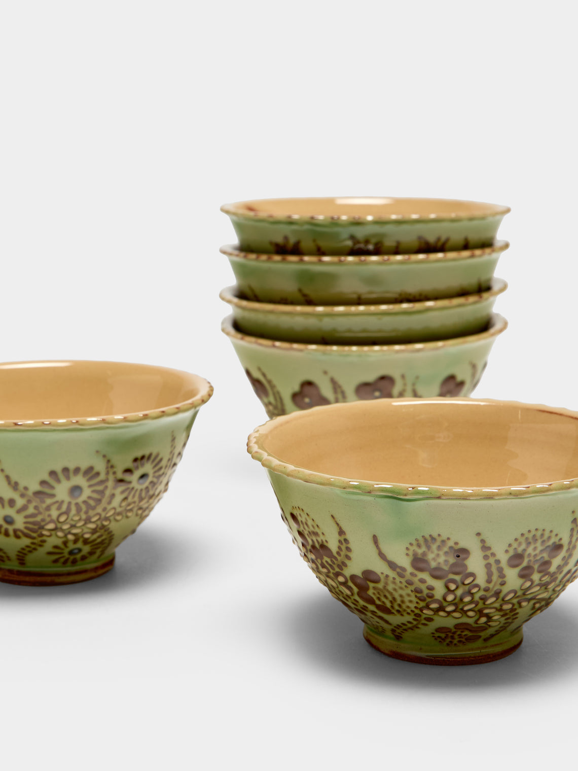 Poterie d’Évires - Flowers Hand-Painted Ceramic Petite Fluted Bowls (Set of 6) - Green - ABASK