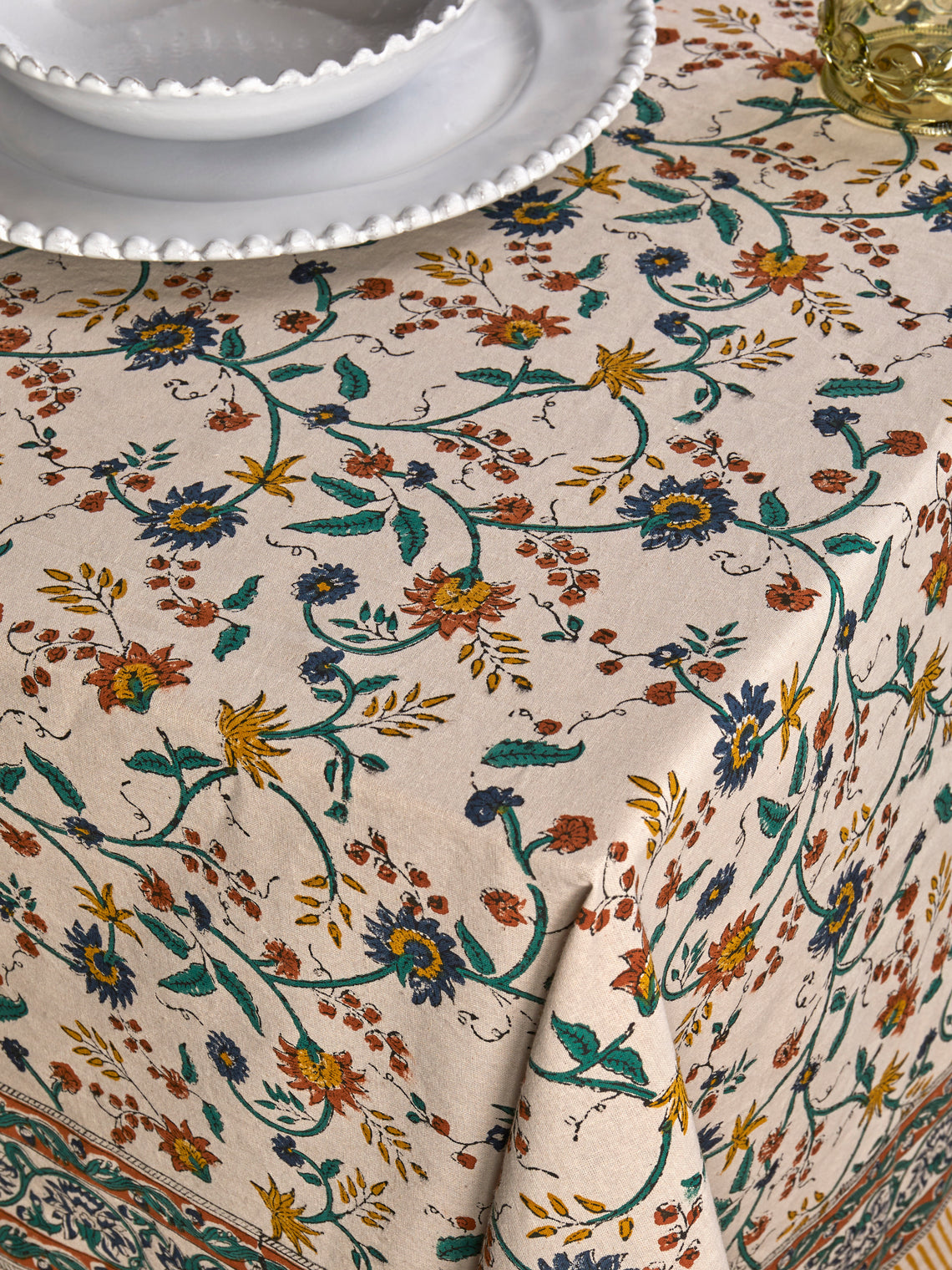 Chamois - Samode Block-Printed Cotton Rectangular Tablecloth (138in/3.5m) - Yellow - ABASK