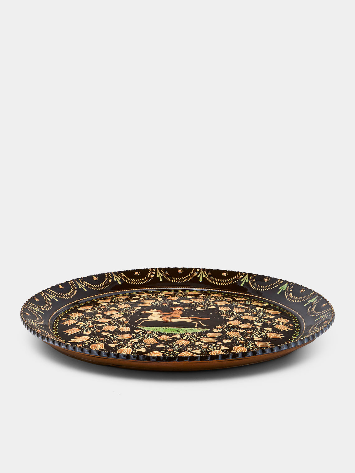Poterie d’Évires - Horses Hand-Painted Ceramic Extra Large Round Platter - Dark brown - ABASK