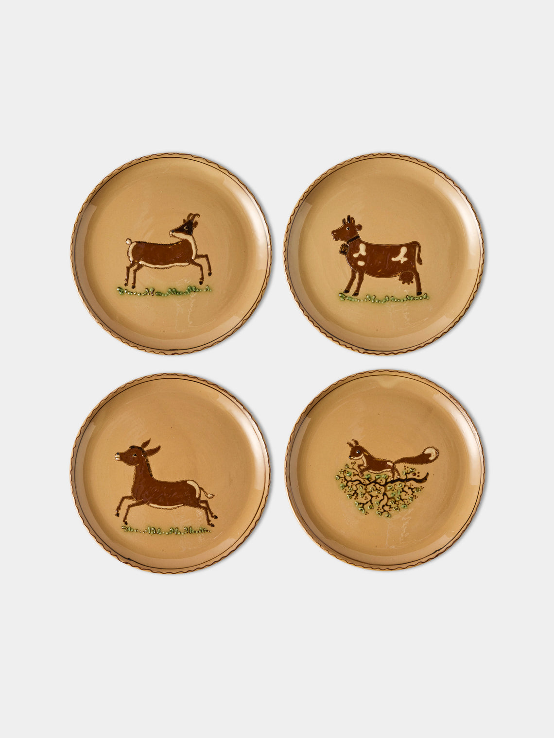 Poterie d’Évires - Animals Hand-Painted Ceramic Dinner Plates – 9.5in/24cm (Set of 4) - Cream - ABASK - 