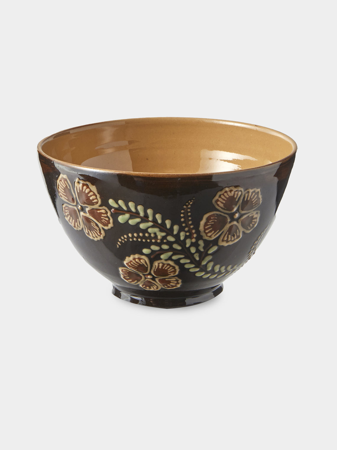 Poterie d’Évires - Birds and Flowers Hand-Painted Ceramic Grand Bowls (Set of 4) - Dark Brown - ABASK