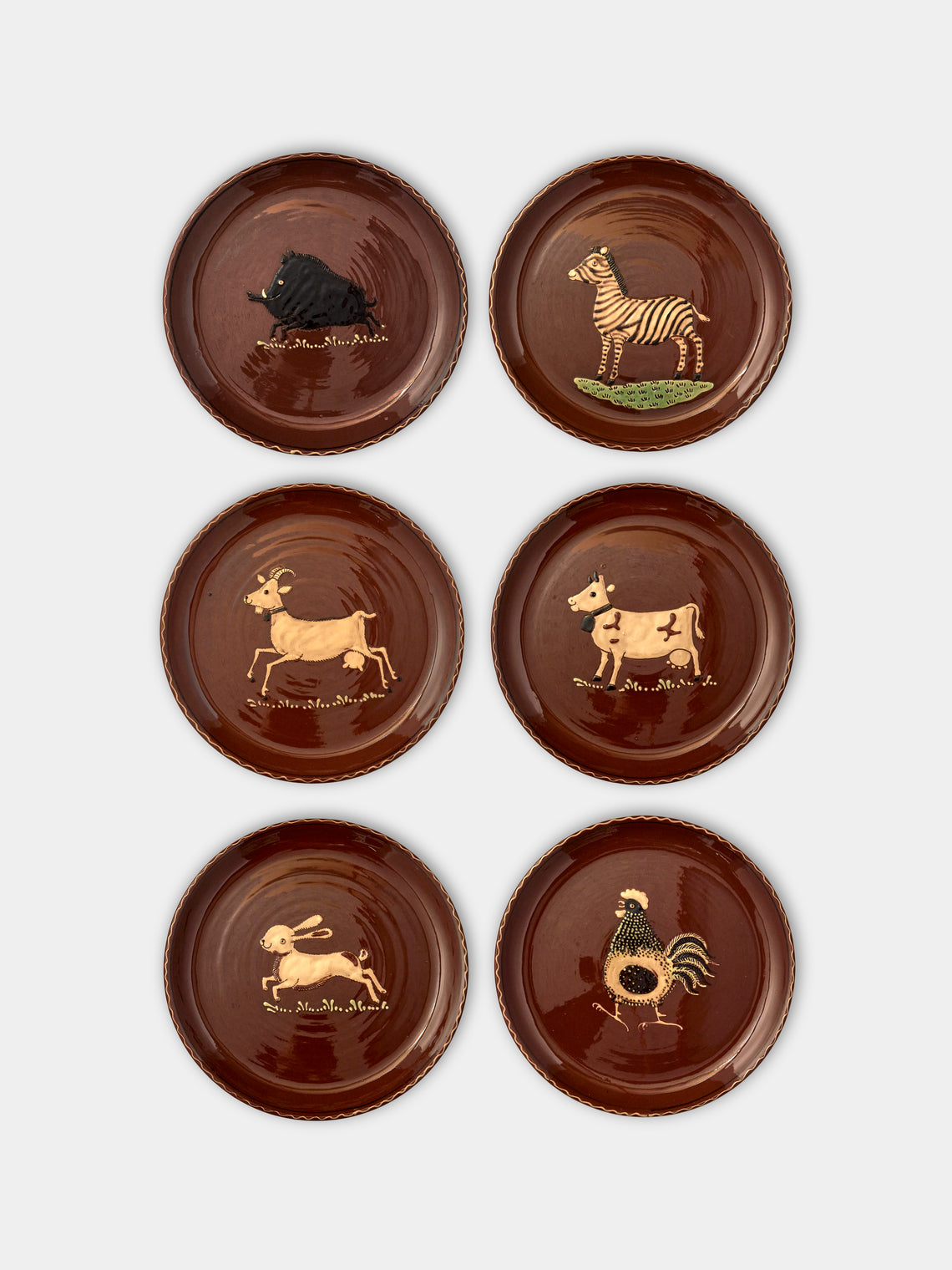 Poterie d’Évires - Animals Hand-Painted Ceramic Dinner Plates (Set of 6) - Light brown - ABASK - 