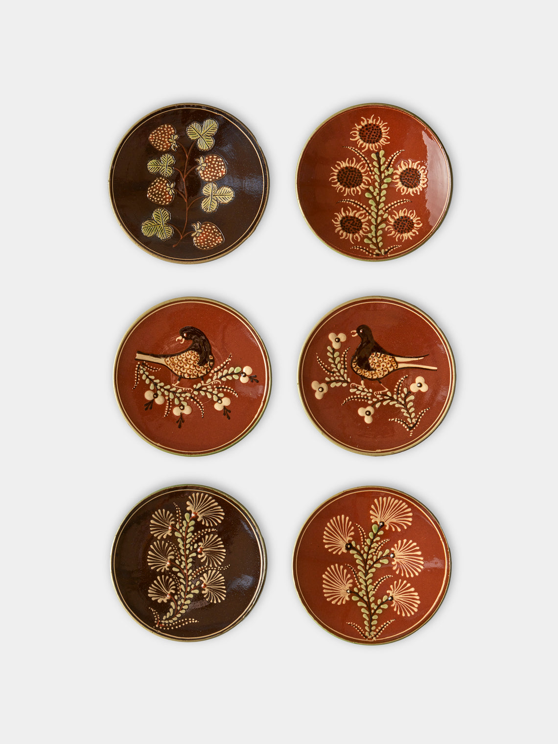 Poterie d’Évires - Flowers and Birds Hand-Painted Ceramic Small Raised Plates (Set of 6) - Multiple - ABASK
