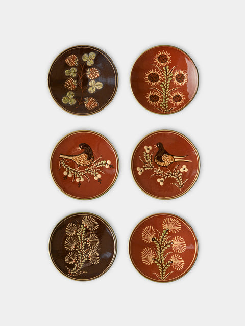 Poterie d’Évires - Flowers and Birds Hand-Painted Ceramic Small Raised Plates (Set of 6) - Multiple - ABASK