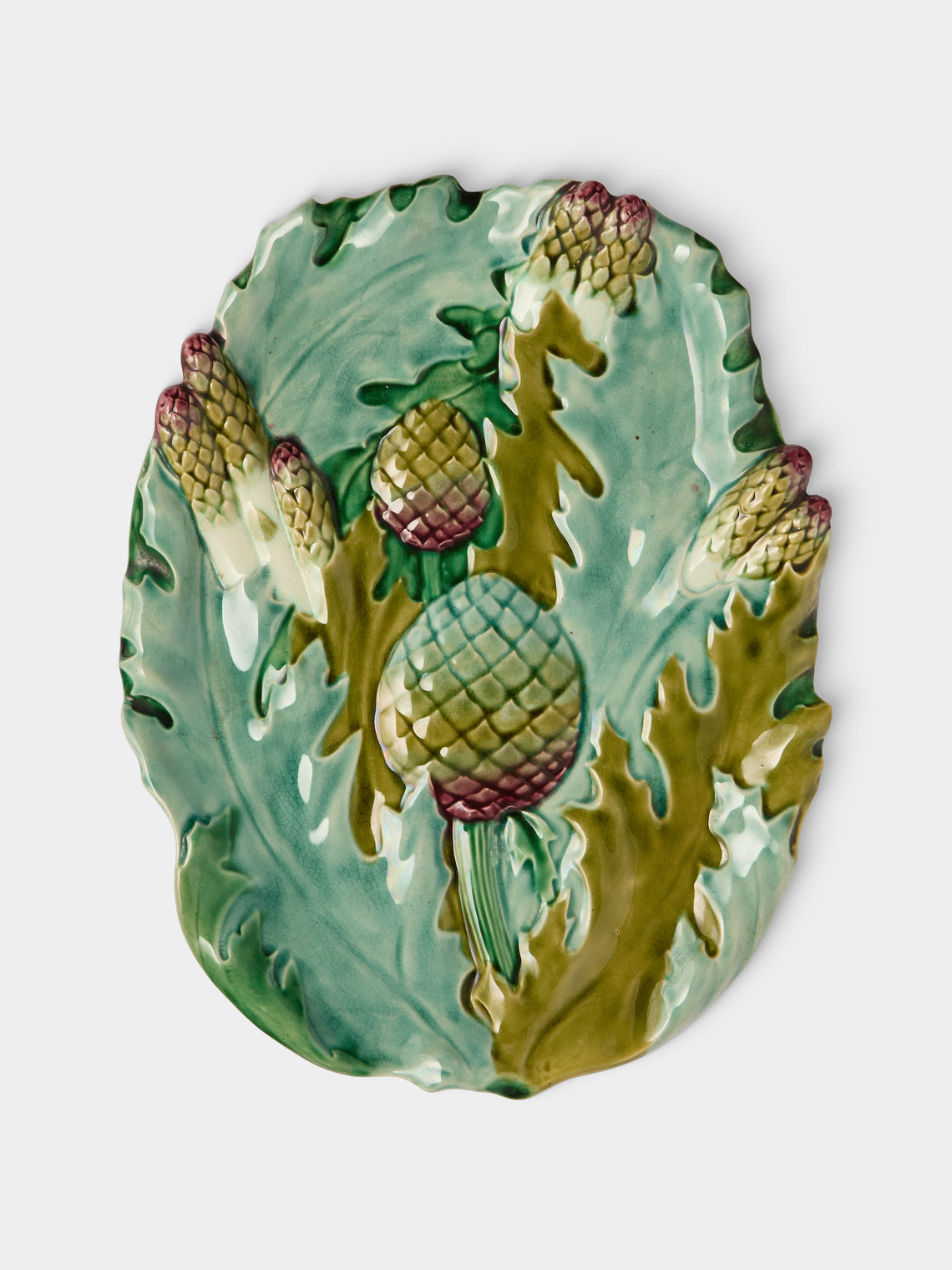 Antique and Vintage - Mid-Century Majolica Ceramic Asparagus Serving Plate (14.5in/37cm) - Light Blue - ABASK - 