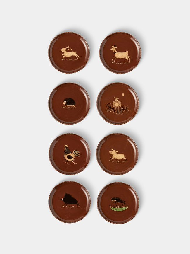 Poterie d’Évires - Animals Hand-Painted Ceramic Plates – 9.5in/24cm (Set of 8) - Light brown - ABASK - 