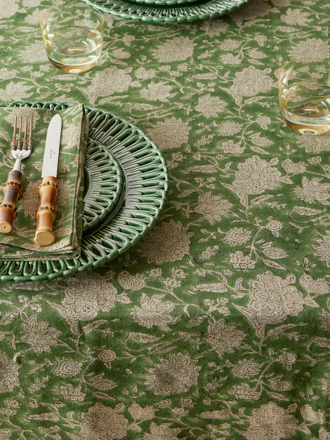 Chamois - Parrot Block-Printed Linen Rectangular Tablecloth (138in/3.5m) - Green - ABASK