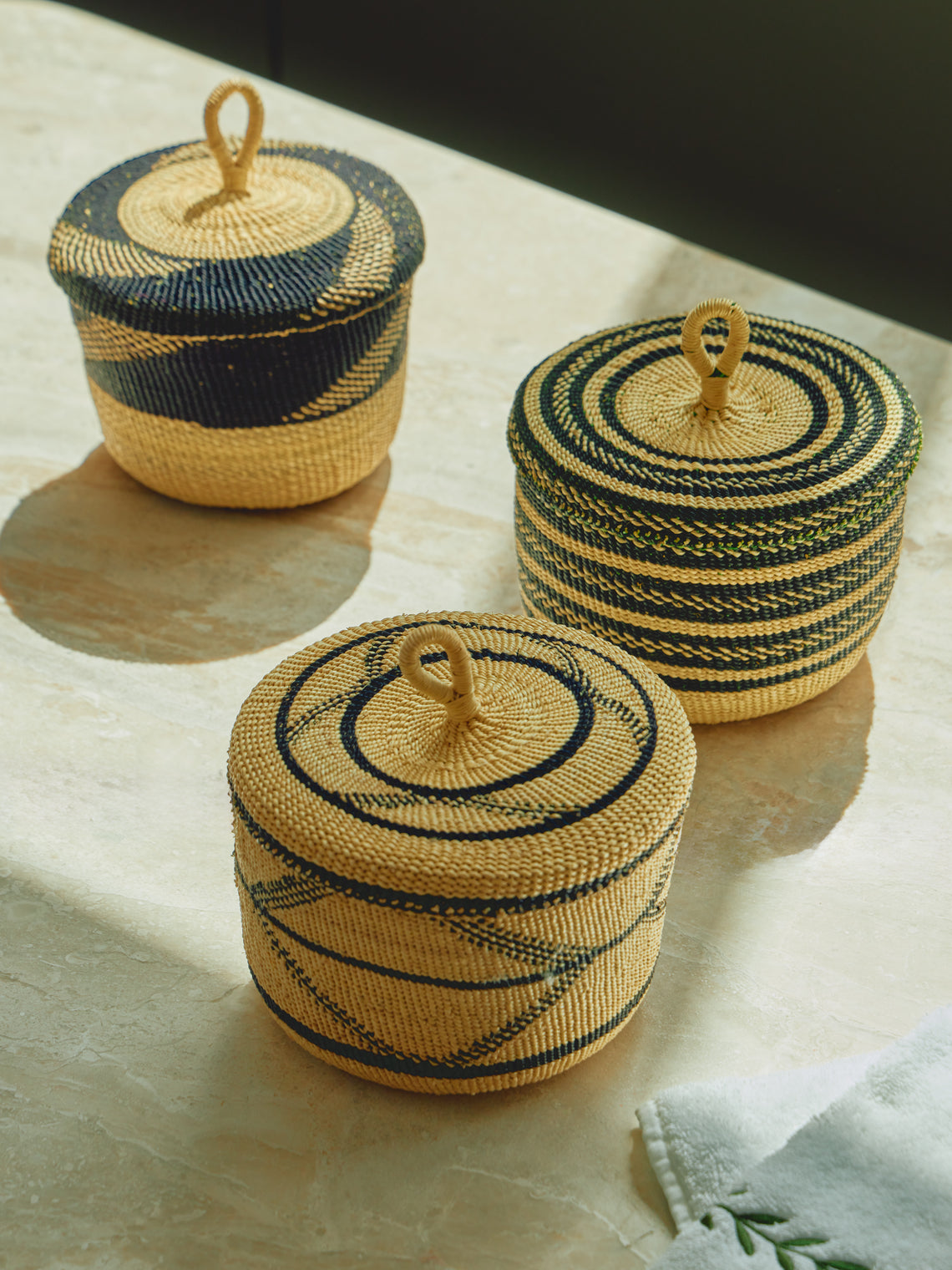 Baba Tree - Banasco Handwoven Elephant Grass Lidded Storage Baskets (Set of 3) - Natural - ABASK