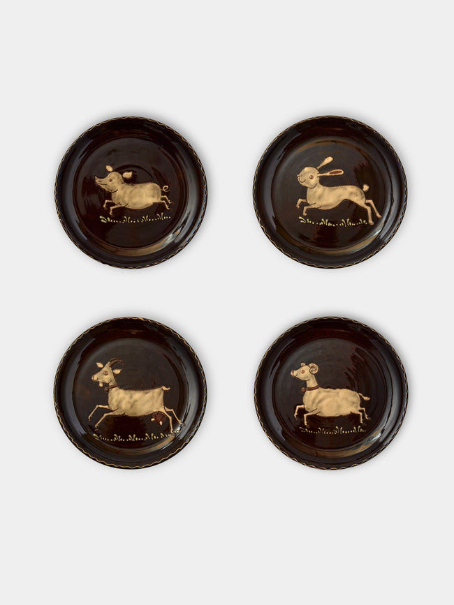 Poterie d’Évires - Animals Hand-Painted Ceramic Side Plates (Set of 4) - Dark brown - ABASK - 