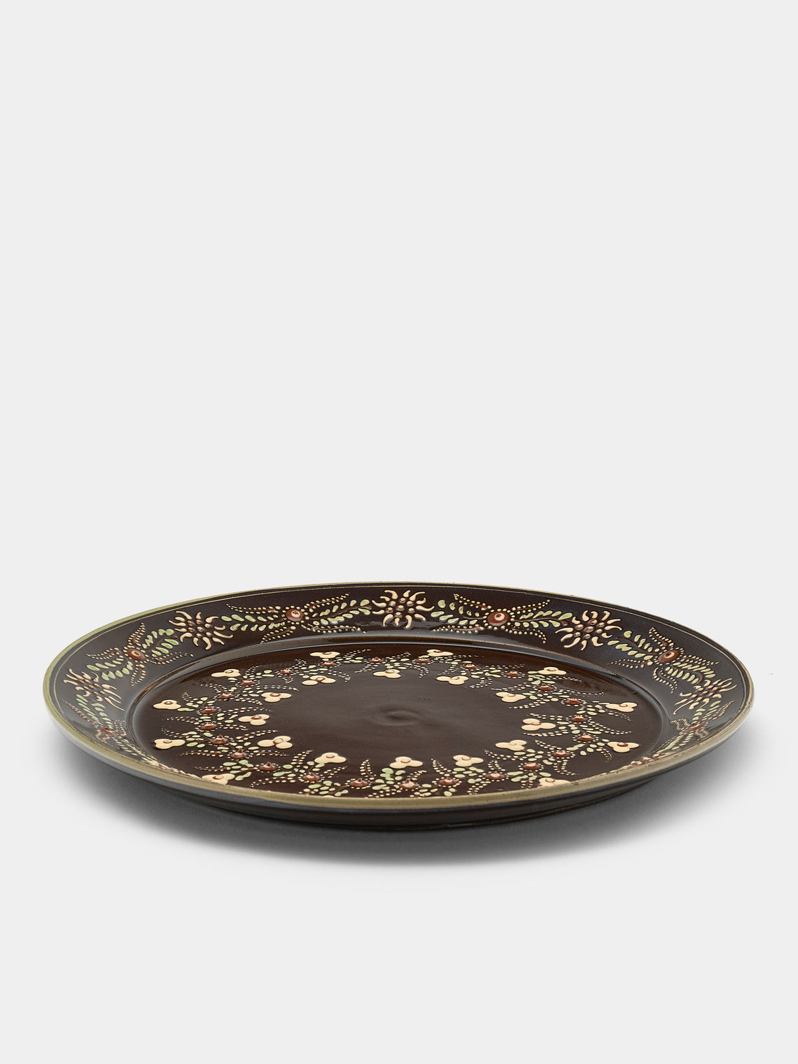 Poterie d’Évires - Flowers Hand-Painted Ceramic Round Platter - Dark brown - ABASK