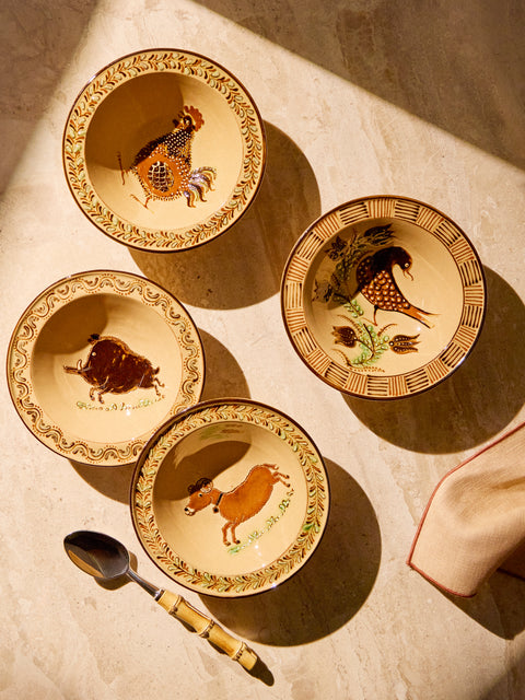 Poterie d’Évires - Animals Hand-Painted Ceramic Breakfast Bowls (Set of 4) - Cream - ABASK