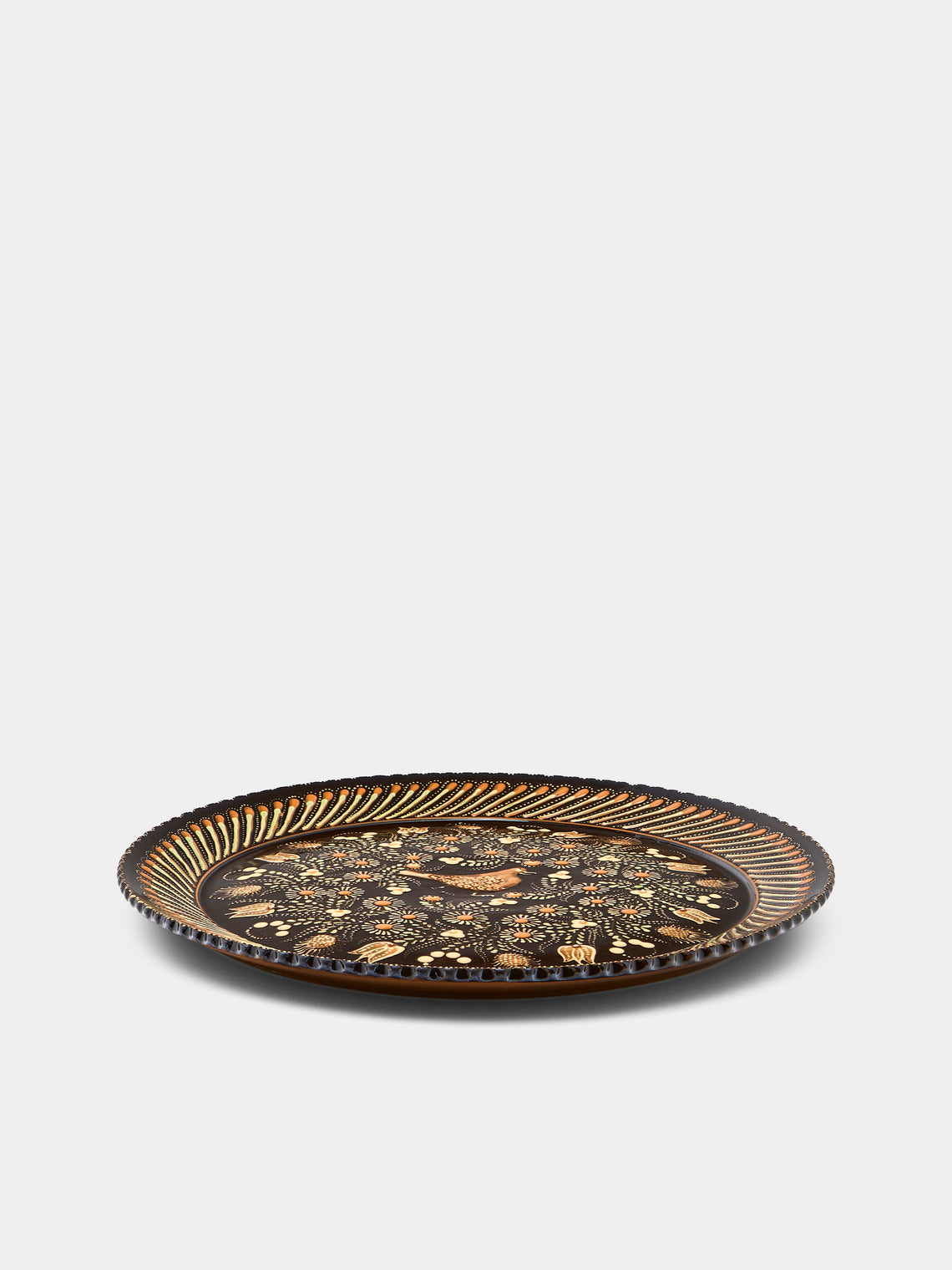 Poterie d’Évires - Birds Hand-Painted Ceramic Large Round Platter - Dark brown - ABASK