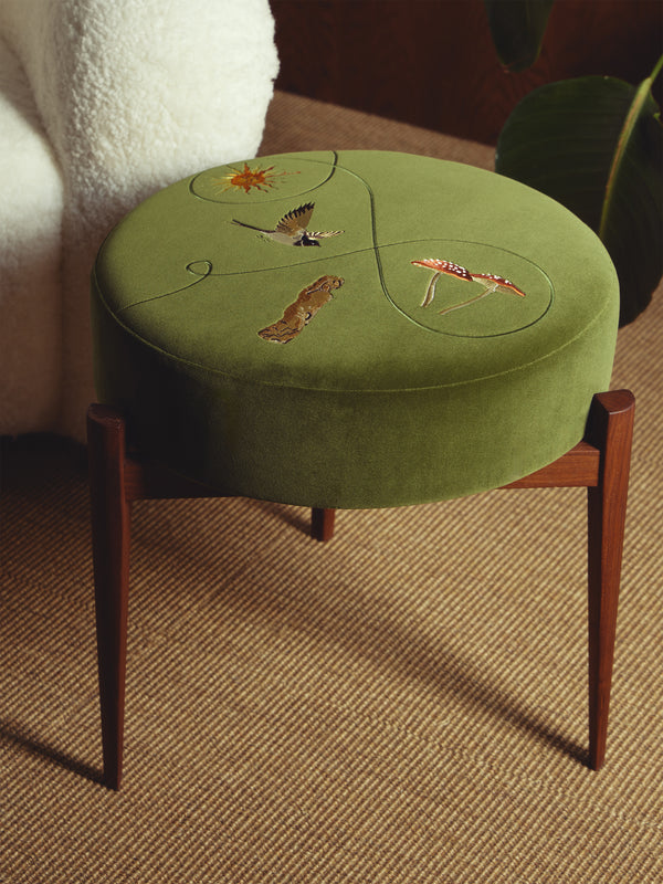 Uncommon Ancestor - Free Me Embroidered Velvet Round Footstool - Green - ABASK