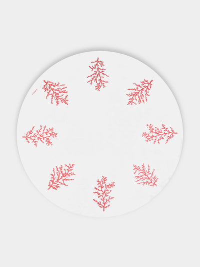 Loretta Caponi - Coral Hand-Embroidered Linen Round Tablecloth (86.5in/2.2m) - White - ABASK - 