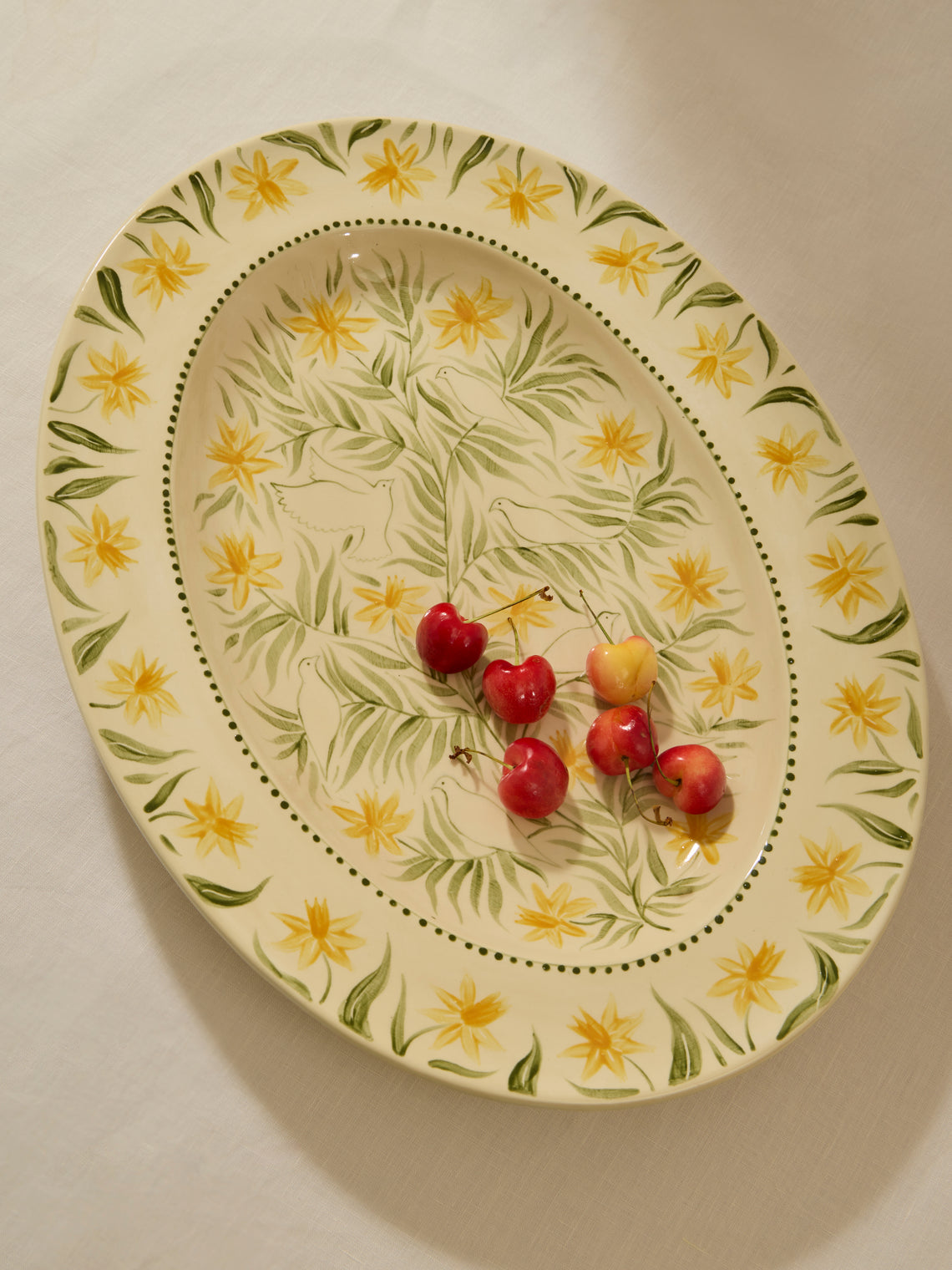 Rosanna Corfe - Doves and Daffodils Hand-Painted Ceramic Oval Platter - Cream - ABASK