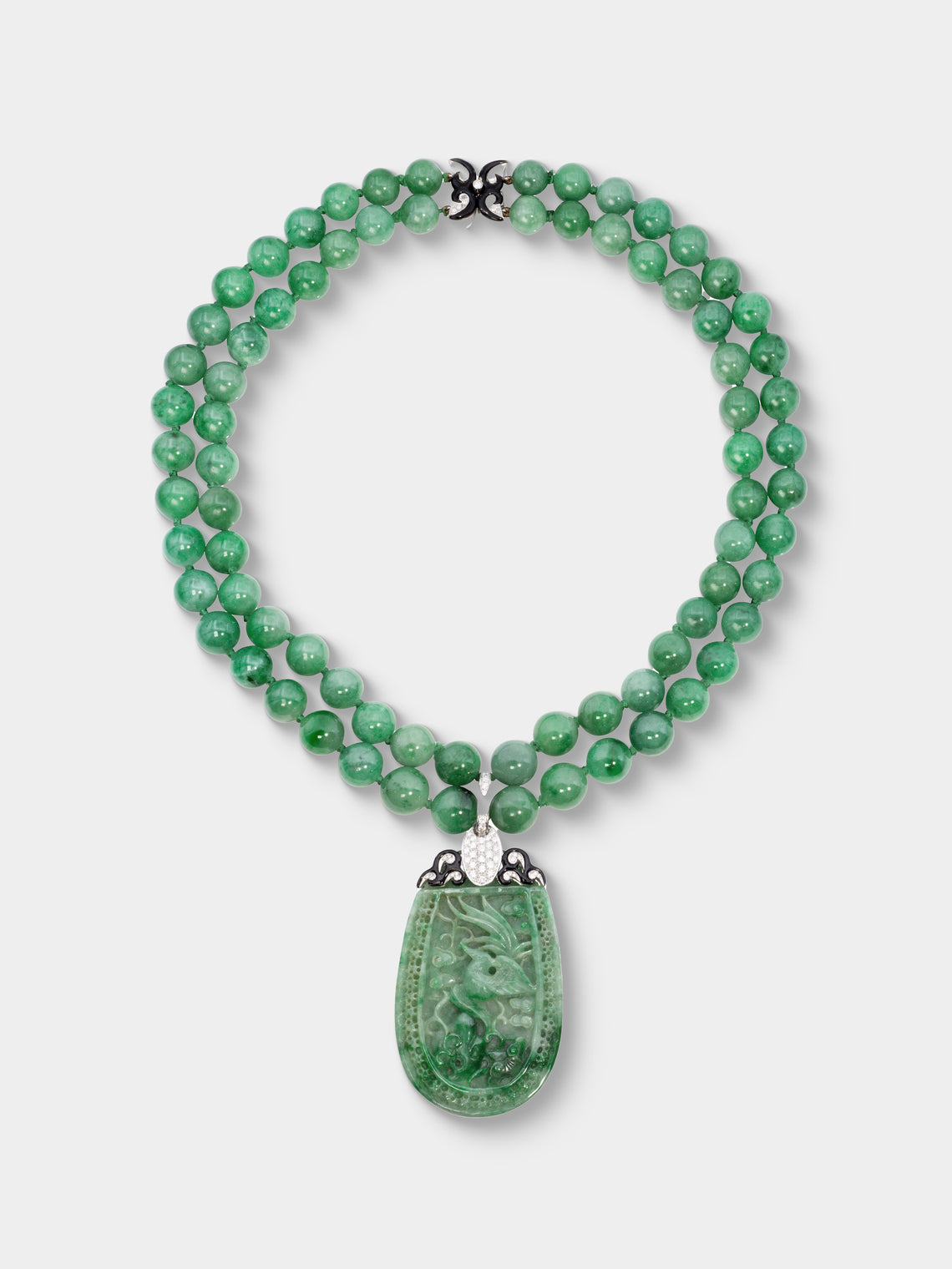 Mahnaz Collection - Vintage 1960s-1980s Nardi 18-Karat White Gold, Black Diamond, Jade and Enamel Necklace - Green - ABASK - 