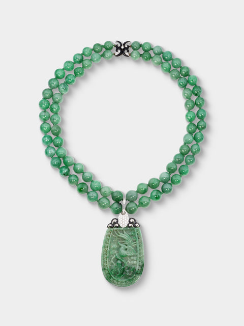Mahnaz Collection - Vintage 1960s-1980s Nardi 18-Karat White Gold, Black Diamond, Jade and Enamel Necklace - Green - ABASK - 