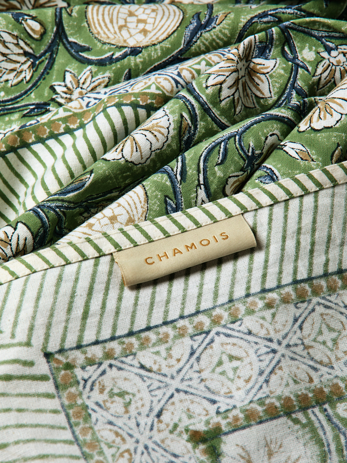 Chamois - Tangier Pomegranate Block-Printed Cotton Rectangular Tablecloth - Green - ABASK