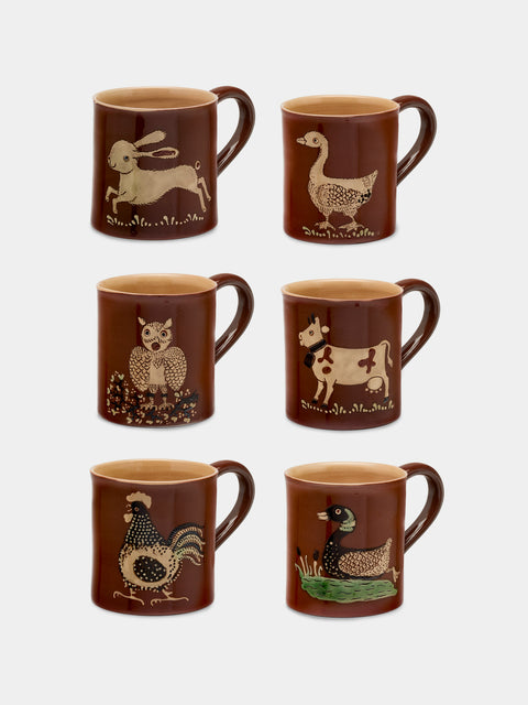 Poterie d’Évires - Animals Hand-Painted Ceramic Mugs (Set of 6) - Light brown - ABASK - 